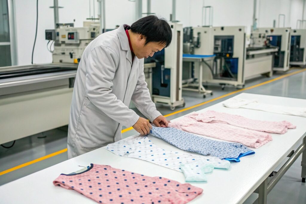Chinese technician inspecting baby clothing quality in factory