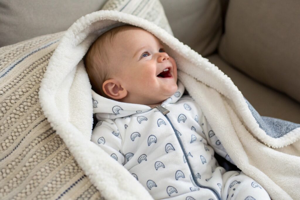 DTC babywear brand featuring a happy baby in cozy clothes
