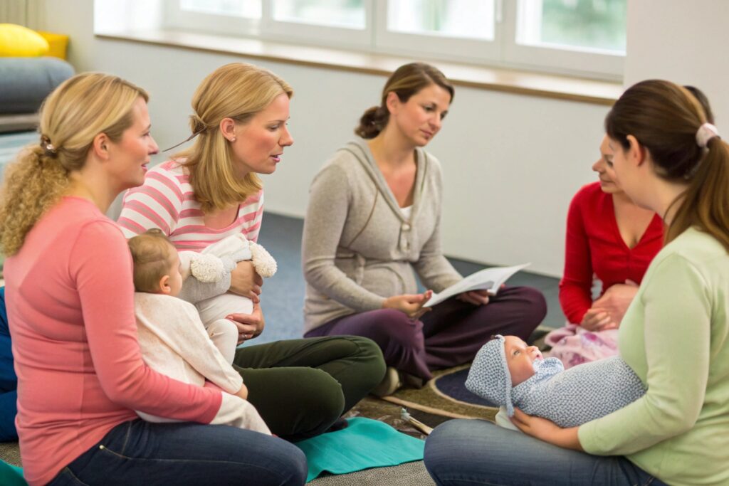 Group of new moms attending babywear session