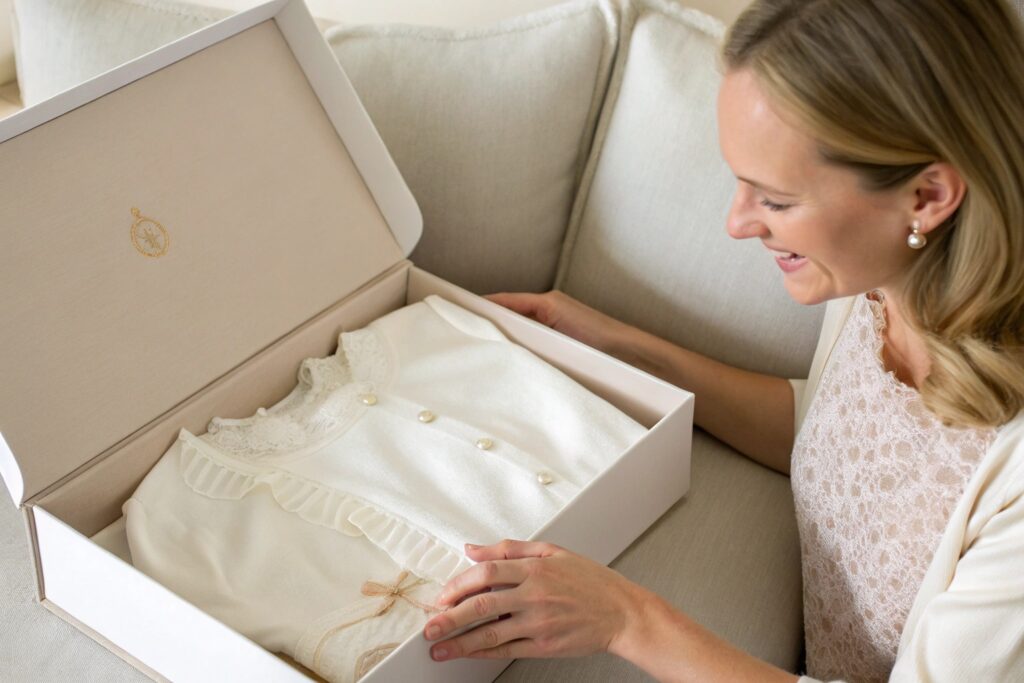 Luxury babywear item being unboxed
