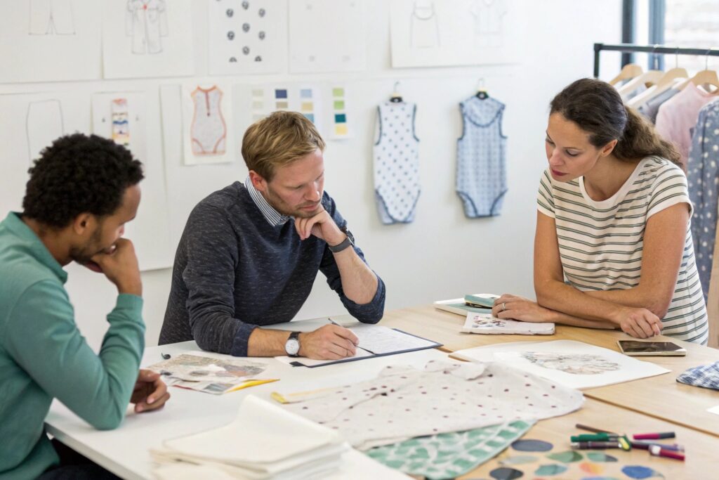 Marketing team brainstorming babywear design ideas