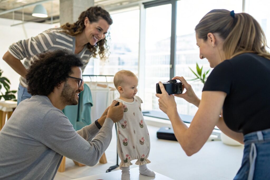 Marketing team photographing baby in onesie
