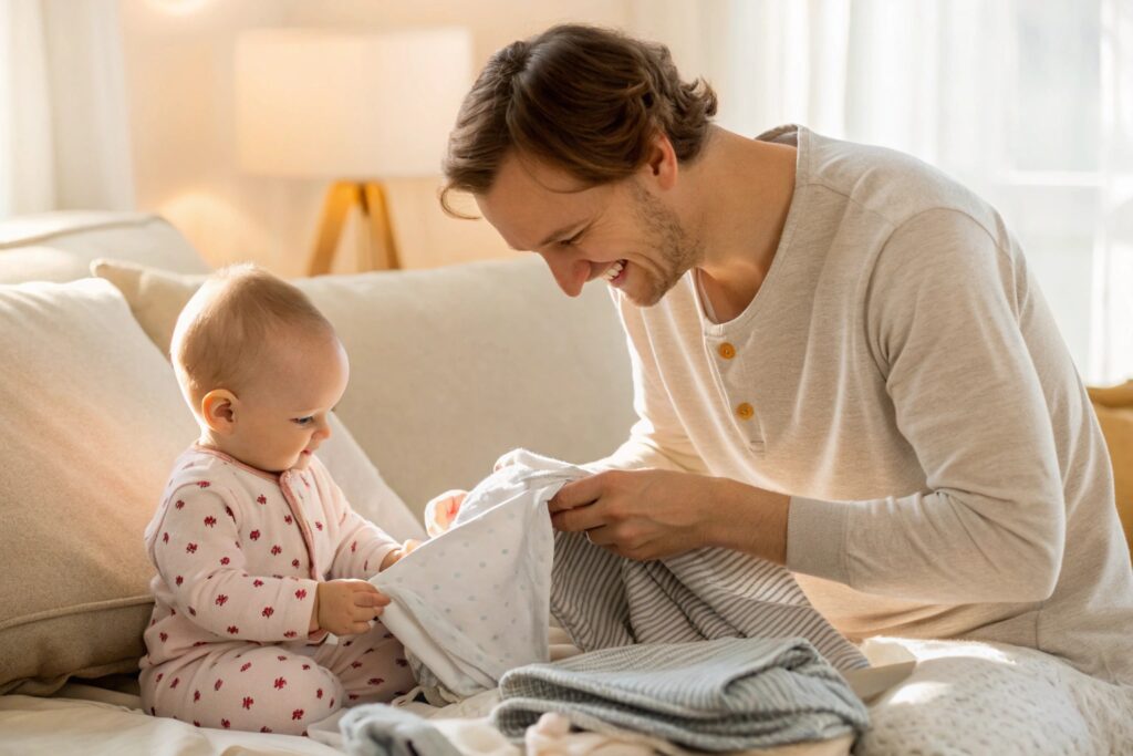 Parent and baby enjoying time together, folding clothes