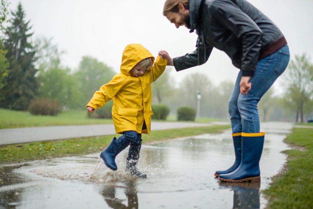Parent and toddler playing in rain, yellow raincoats