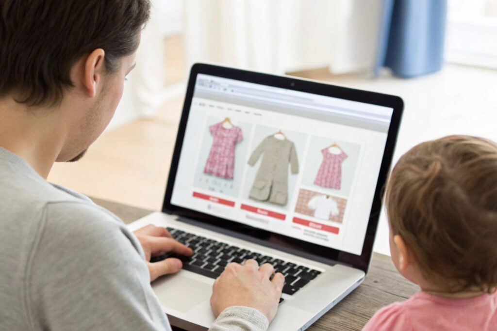 Parent browsing kids' wear online with child