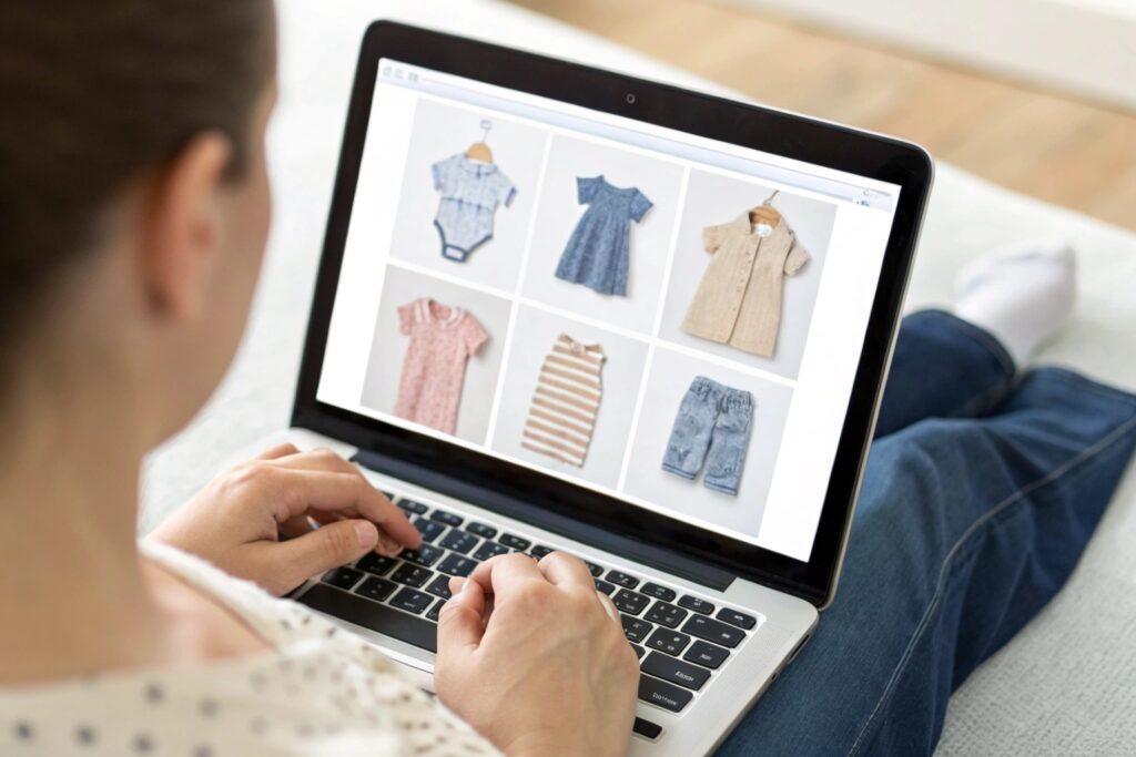 Parent browsing baby clothes online, selection view