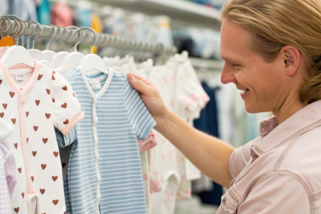 Parent carefully inspecting baby clothes in a store