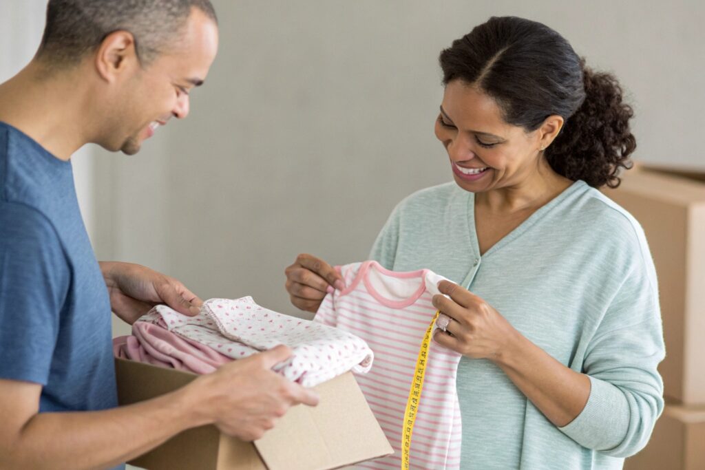 Parents inspecting baby clothes, measuring garment
