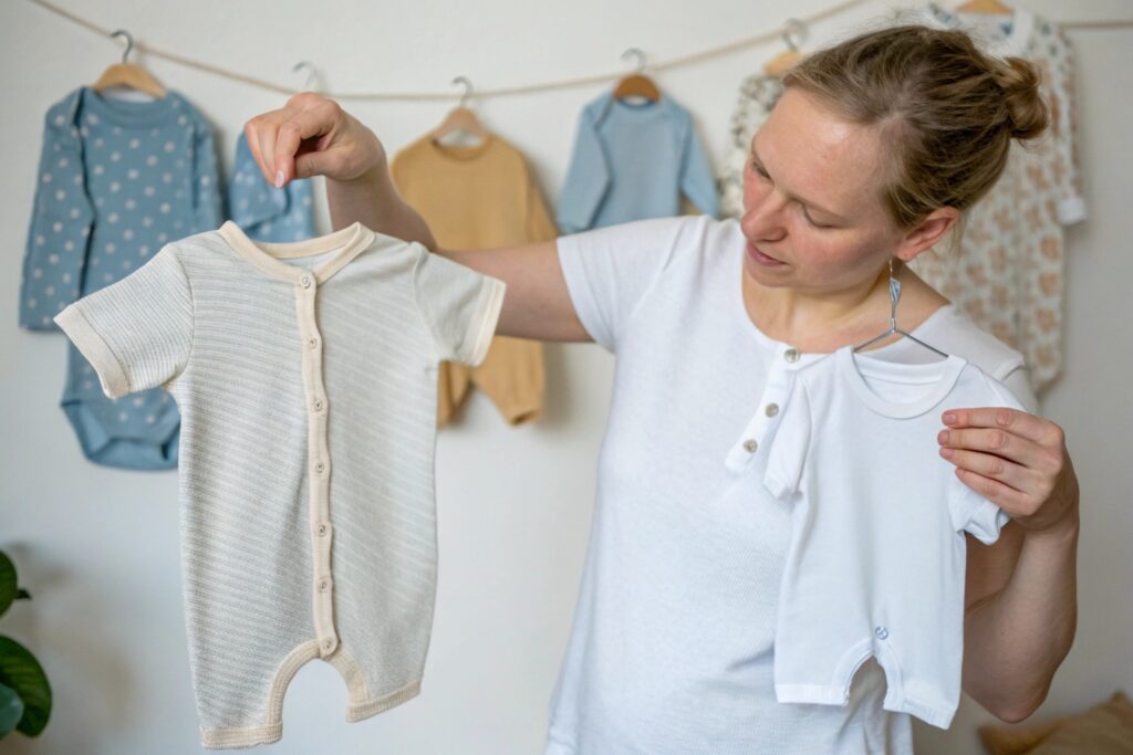 A parent holding two baby outfits, one striped and one plain white