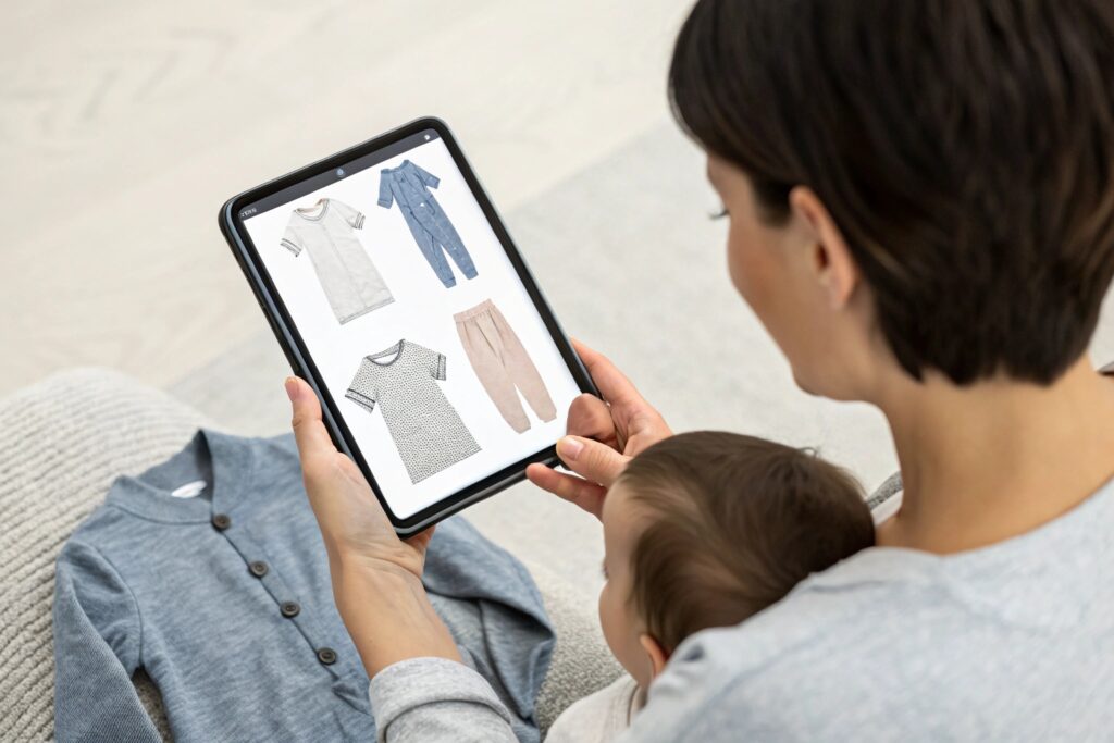 Parent inspecting babywear on tablet Parent inspecting babywear on tablet