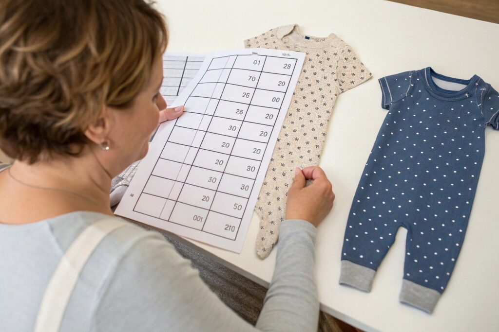 Parent comparing baby clothes, size chart