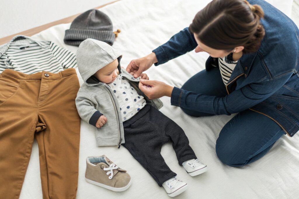 Parent dressing baby in casual outfit