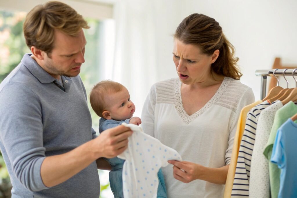 Parents inspecting baby clothes with confusion