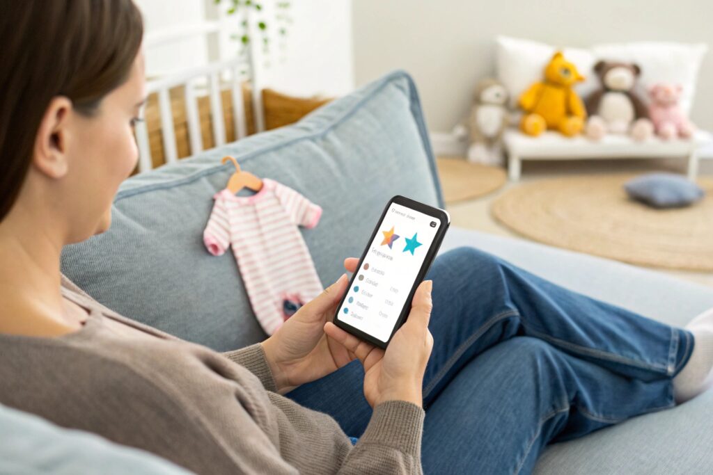 Parent browsing baby clothes ratings online