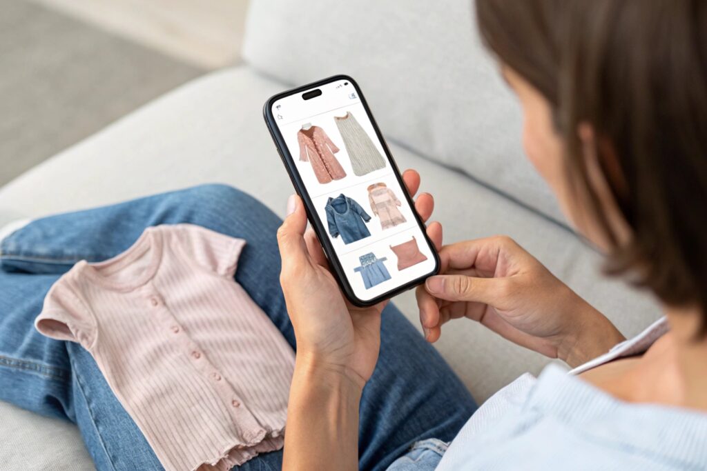Parent scrolling through babywear Parent scrolling through babywear