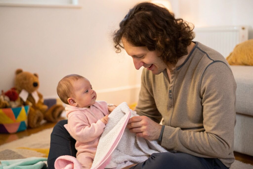 Parent playing with baby, soft pink outfit