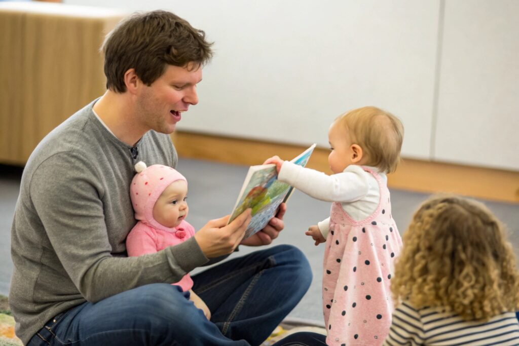 Parent reading to babies, pink outfits