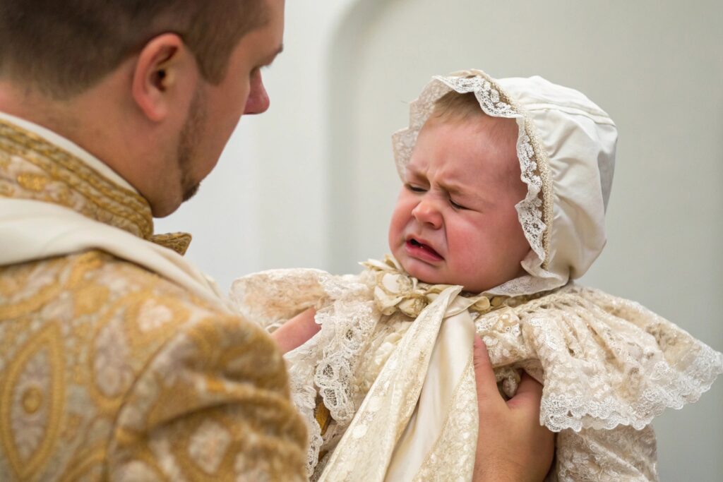 Parent trying to dress a crying baby in formal attire