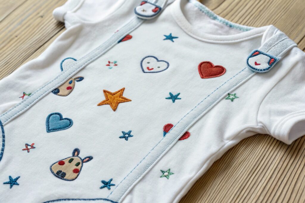 Embroidered baby onesie with cute heart and star patterns