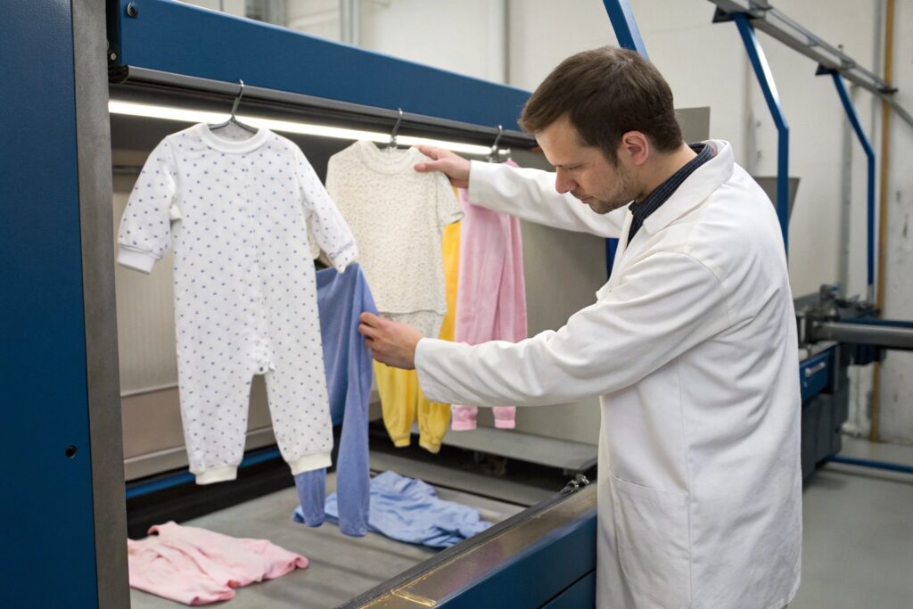 Quality control specialist inspecting babywear garments