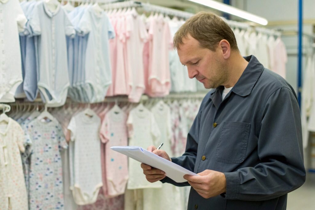 Supply chain manager reviewing baby clothes