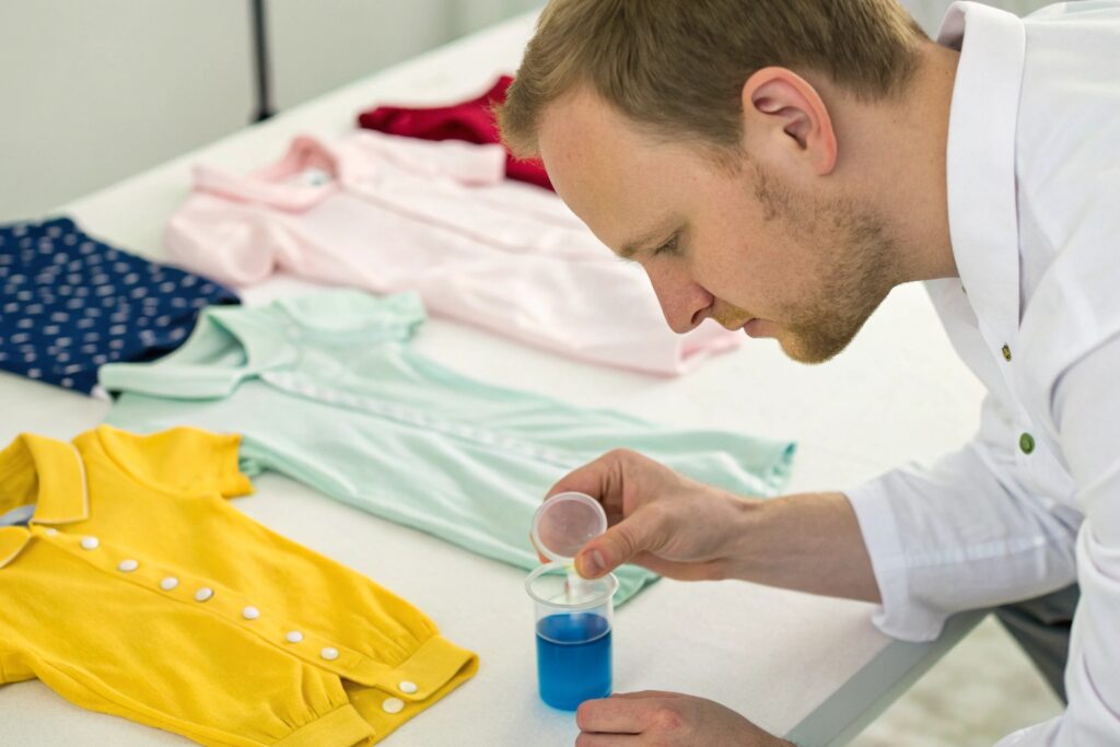 A technician testing fabric color with various children's garments in the background