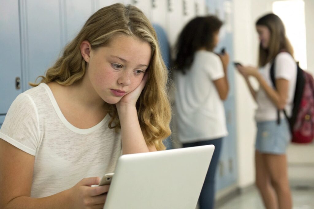 Teenager looking at her school laptop with a phone in hand