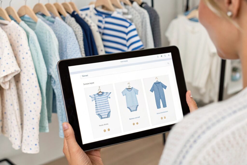 Woman browsing baby clothing online store on tablet