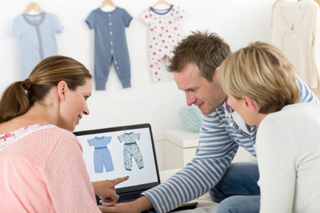Group of parents reviewing baby clothes