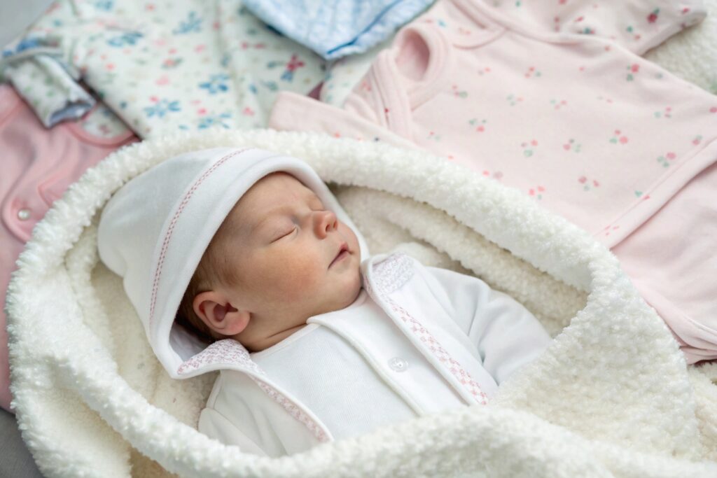Baby comfortably sleeping in soft organic clothing