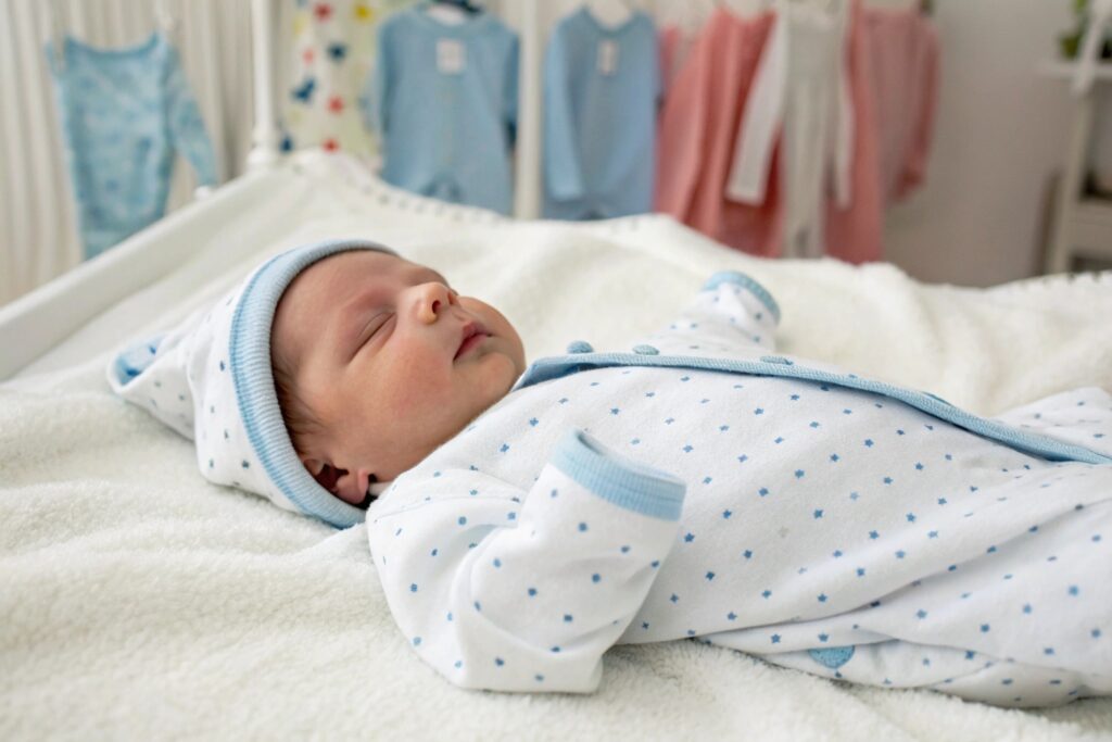 Newborn baby sleeping peacefully in a soft blue onesie with matching hat