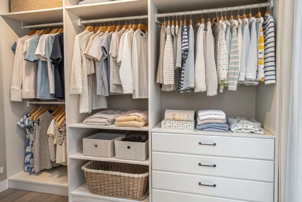 A neatly organized closet with various light-colored t-shirts, sweaters, and folded clothes in baskets and drawers