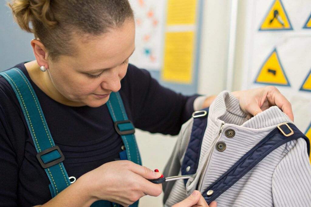 A person inspecting and fixing a zipper on a jacket in a garment factory