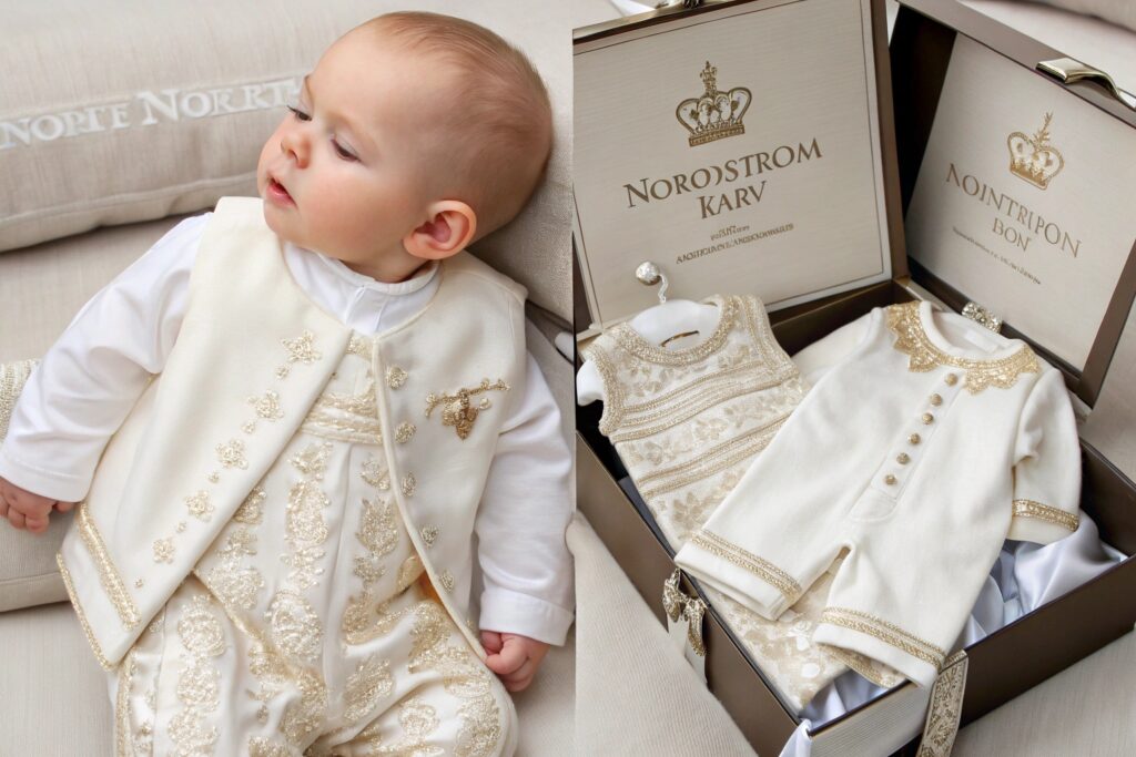 Elegant baby wearing a luxurious embroidered outfit, with matching clothes in a gift box