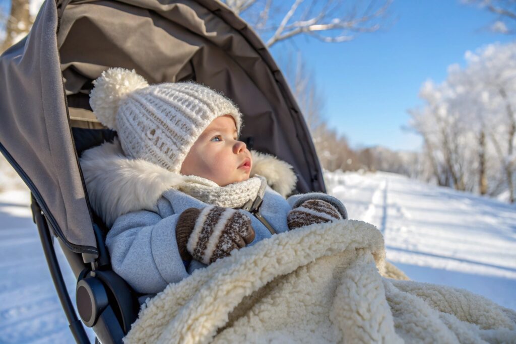 baby in stroller wrapped in warm winter clothes