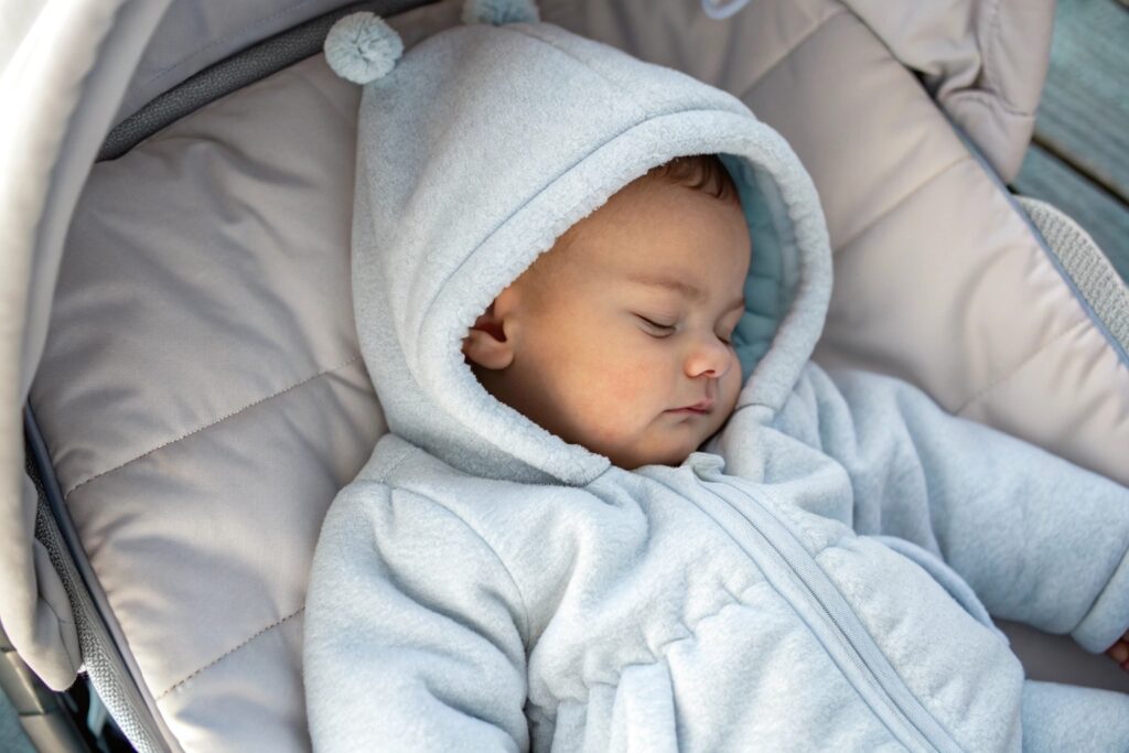 baby sleeping in cozy hoodie onesie