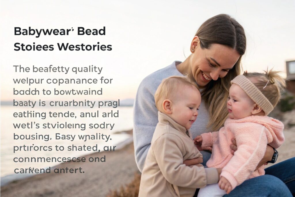 Mother with two children wearing cozy baby clothing, smiling outdoors by the beach