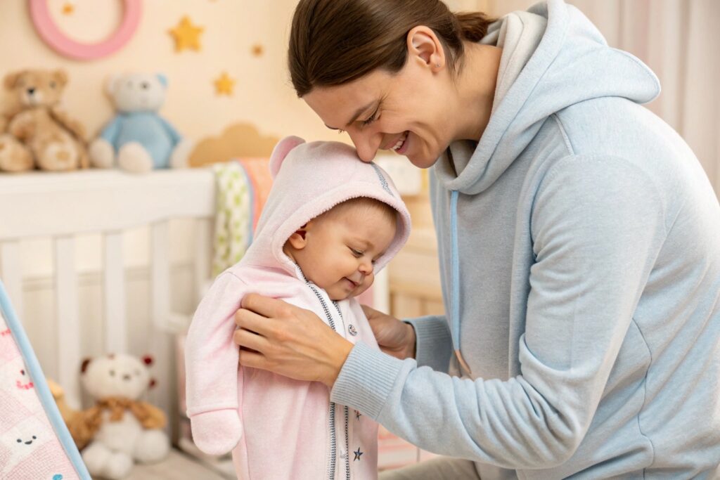 Mother helping her baby into a soft, hooded onesie in a cozy nursery setting