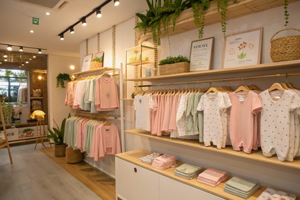 Bright and modern children's clothing store showcasing soft, pastel-colored baby clothes