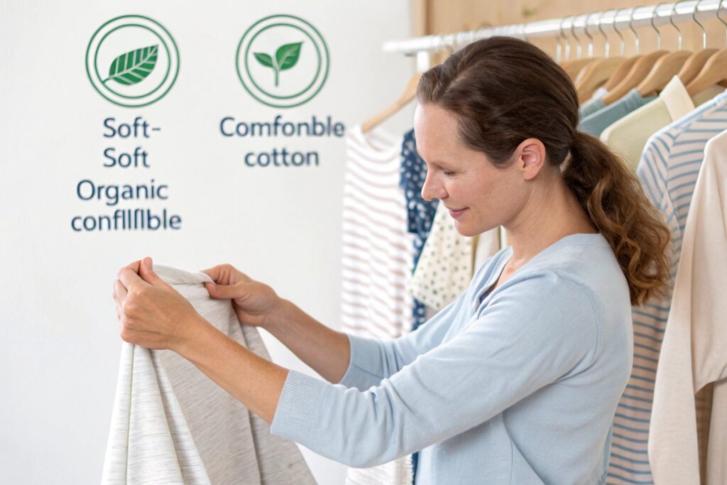A person inspecting organic cotton clothing with eco-friendly labels