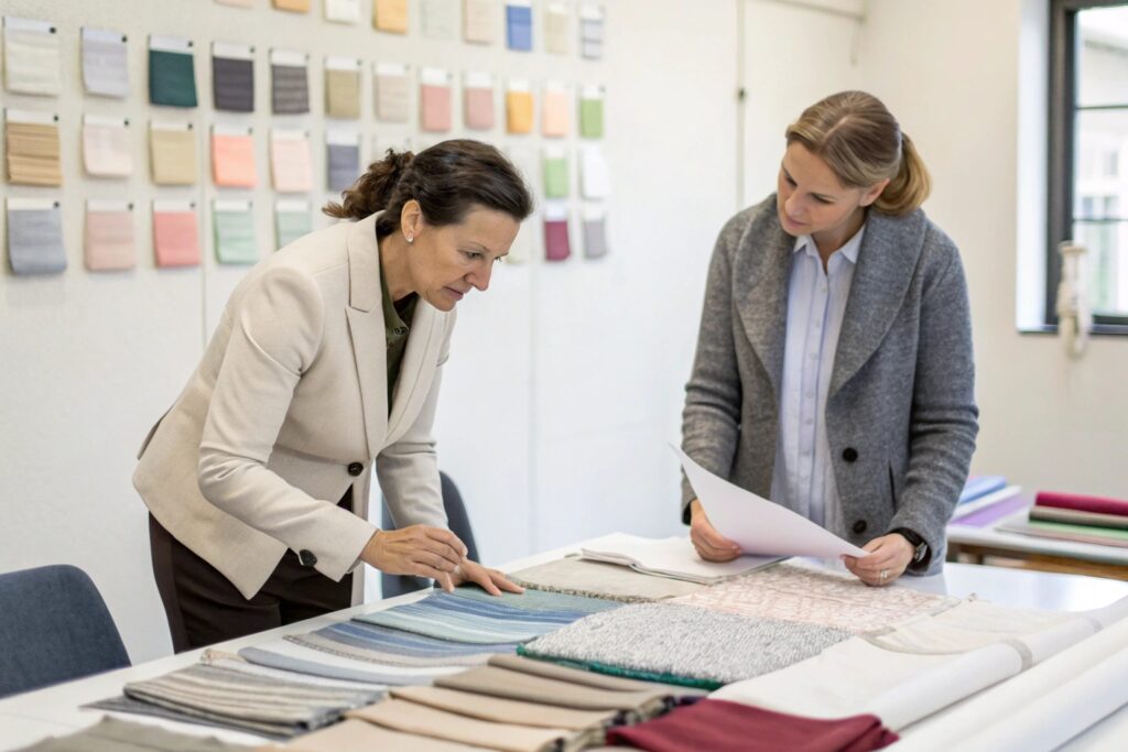 Two women discussing fabric swatches, working together on fabric selection