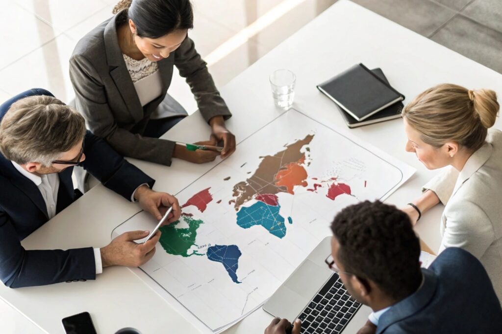 Business professionals discussing global market strategy with world map