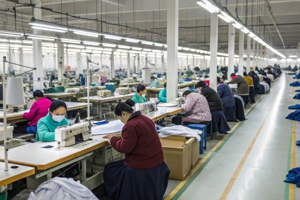 Large garment production facility with workers sewing at multiple stations