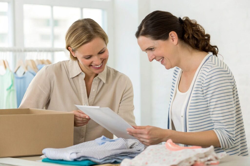 Two women reviewing clothing designs and fabric samples, smiling at each other