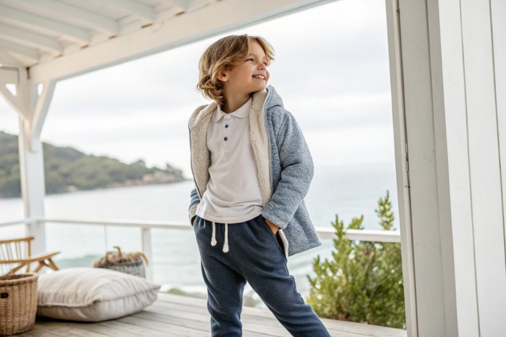 smiling child in blue jacket and pants by the sea