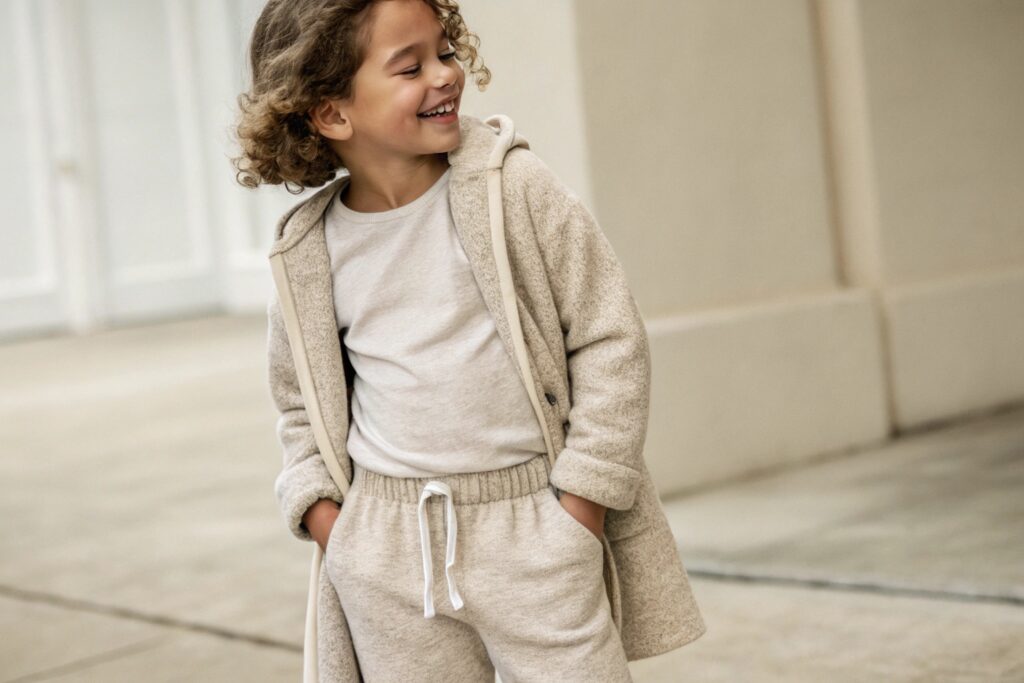 A joyful boy wearing a beige hoodie and matching pants, smiling outdoors
