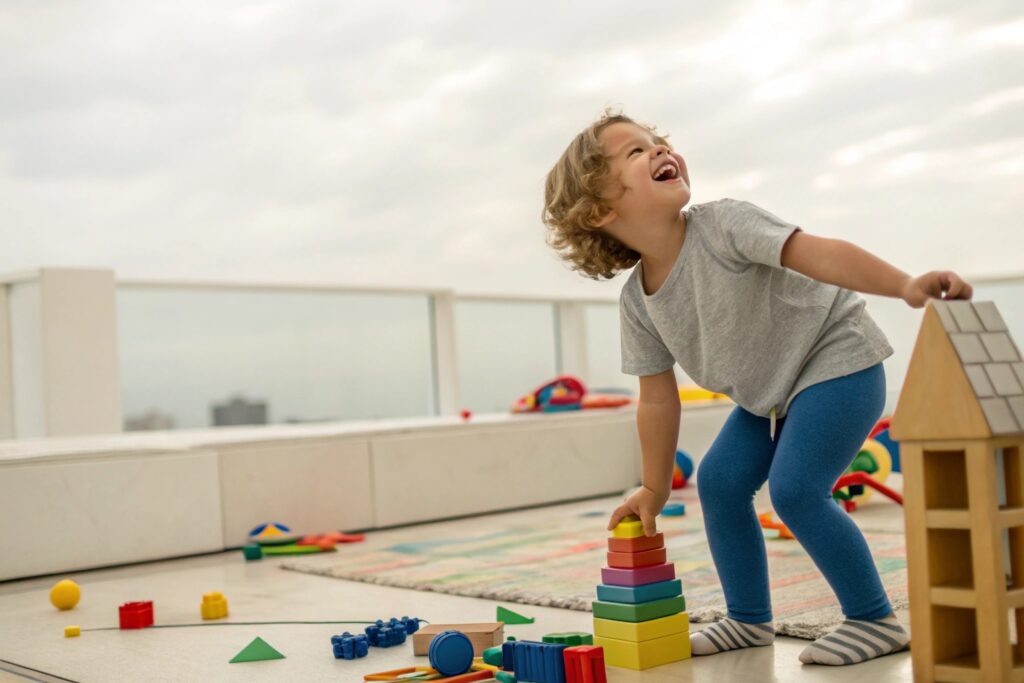 Happy child playing with colorful building blocks indoors