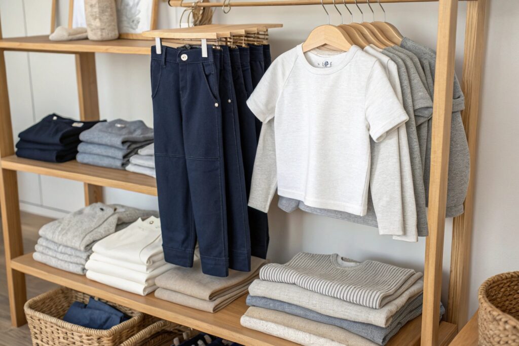 kids' clothing display with shirts and pants