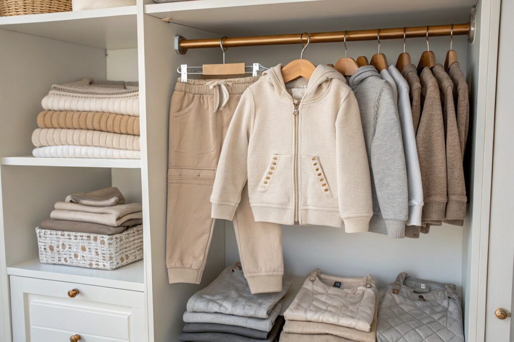 neutral toned children's sweatshirts and pants in closet