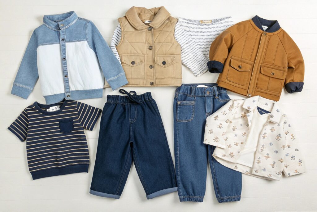 children's clothing set with jackets, shirts, and pants